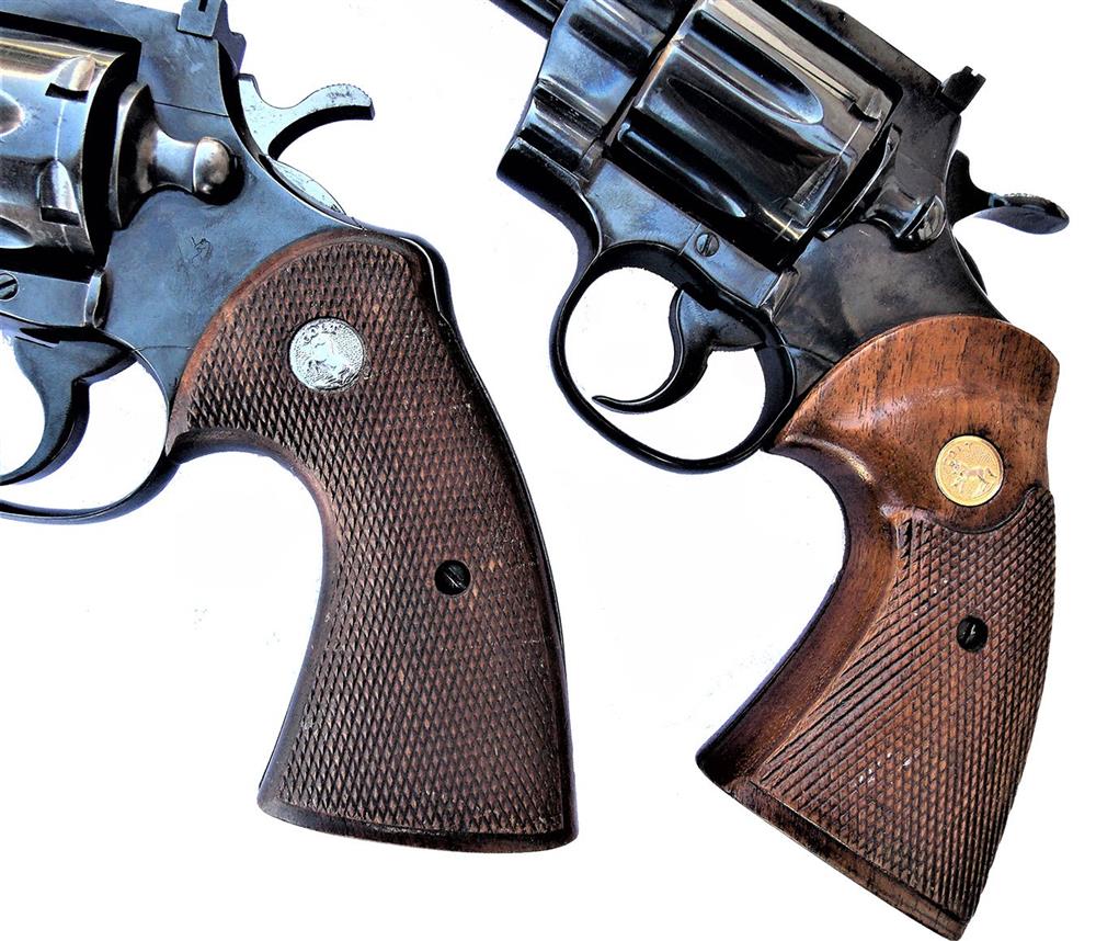 two Colt Python revolvers showing early versus later model grips